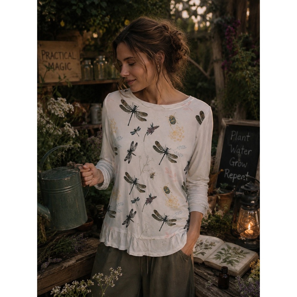 Reserved Womens White Dragonfly Insect Print 3/4 Sleeve High-Low Top Size S